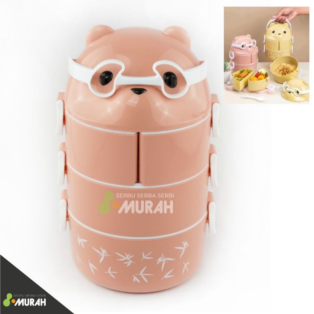 Lovenia RANTANG PANDA Sekat Susun 4 bonus Sendok Makan Plastik / Lunch Box Beruang Karakter Sekat 4