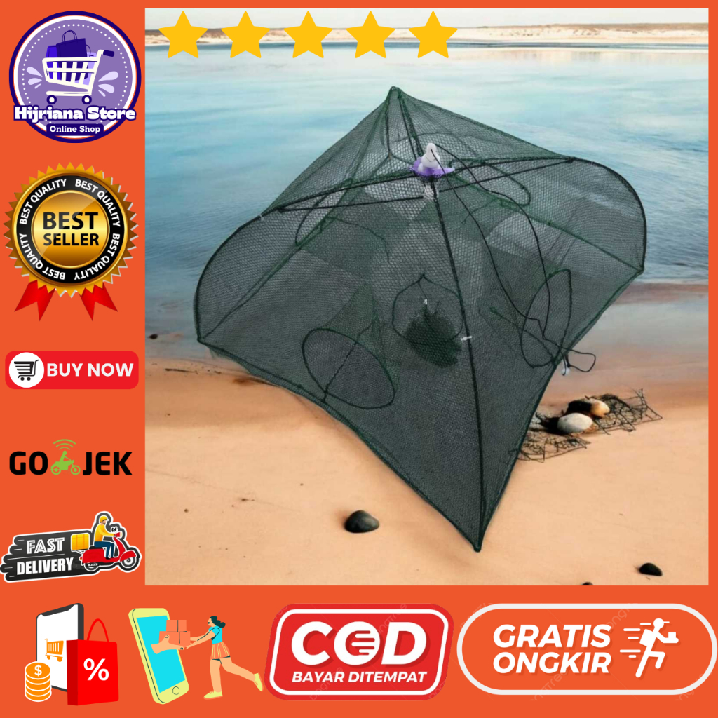 Jaring Pancing Ikan Udang Automatic Fold Umbrella Fishing Net 5 Holes Jaring Penangkap Ikan / Jaring