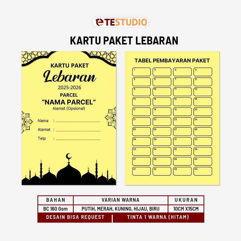 

Kartu Paket Lebaran / Kartu Paket Parcel Lebaran / Bahan Kertas BC 160gsm / Cetak Bolak Balik