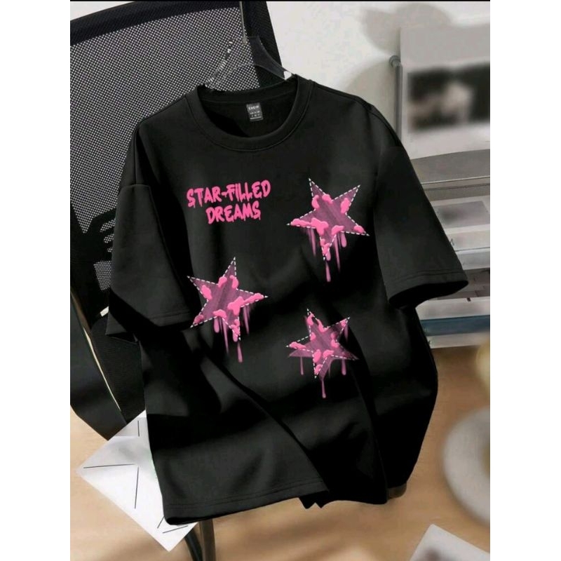 KAOS WANITA PRIA wear Plus Size Women's Pink Star Graphic Round Neck Short Sleeve T-Shirt, Loose Fit