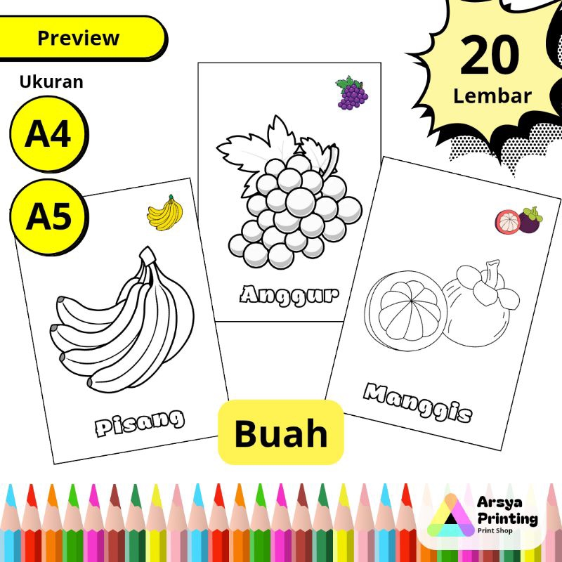 

20 Lembar Kertas Mewarnai Anak Tema Buah Buahan