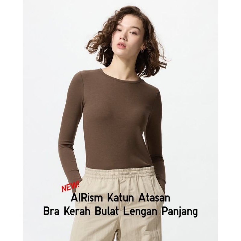 UNIQLO AIRism Katun Kaos Tshirt Atasan Bra Kerah Bulat Lengan Panjang Top Original