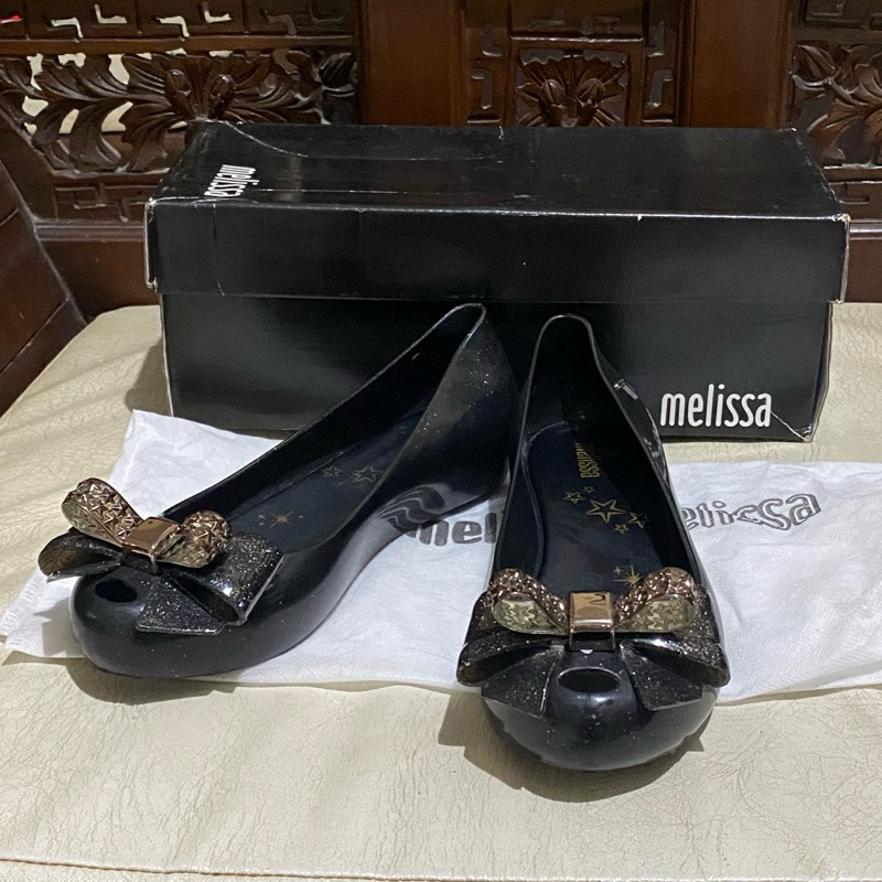 NEW Melissa Ultragirl Sweet XVI AD Black Bow Glitter Jelly Flat Shoes Flatshoes Hitam Pita Coquette 