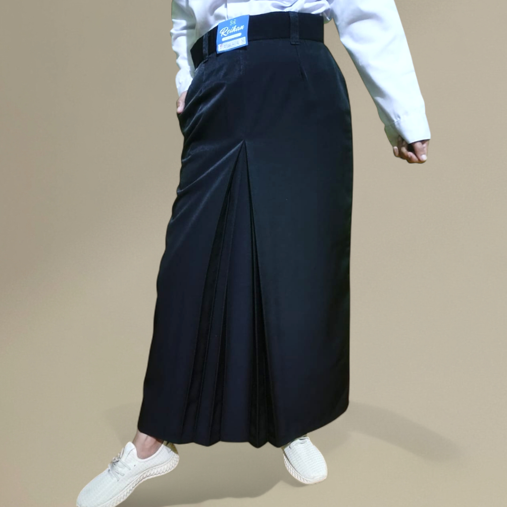 Rok Span Hitam Katun Twist Premium Belah Samping, Belah Tengah & Rempel