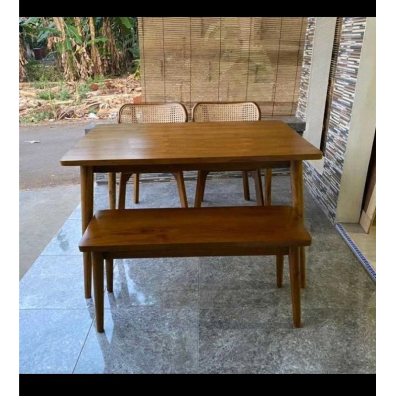set meja makan rotan jati meja makan minimalis retro bahan kayu jati asli