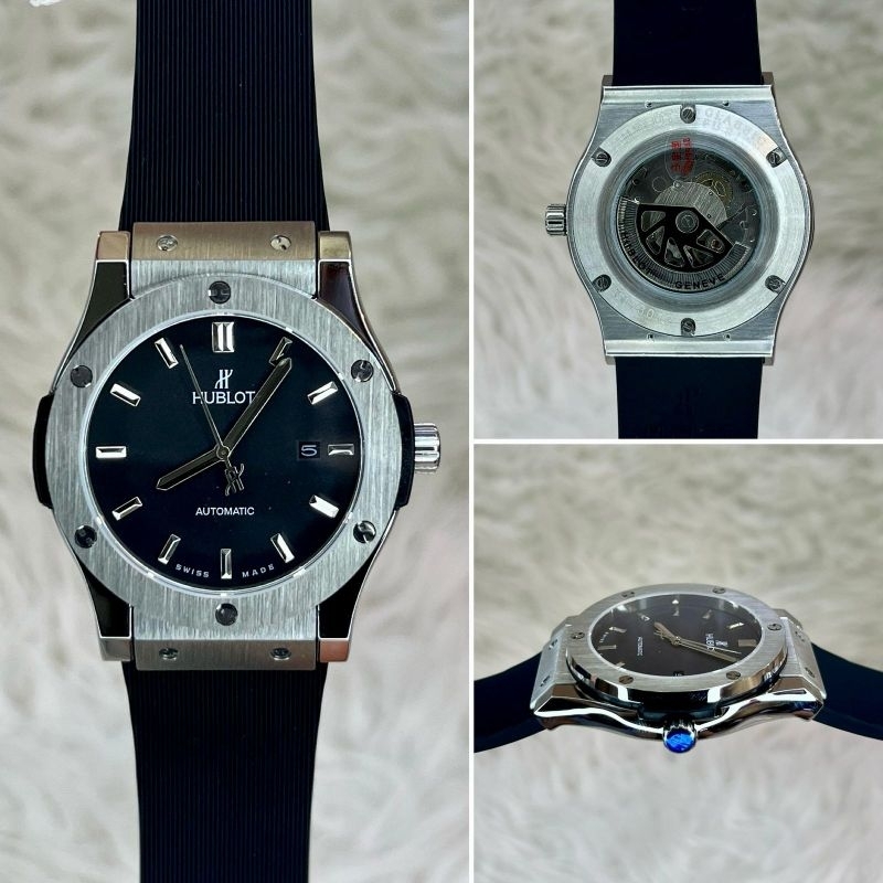 JAM TANGAN PRIA HUBLOT CLASSIC FUSHION SILVER HITAM AUTOMATIC JAPAN SUPER QUALITY DIAMETER 42MM