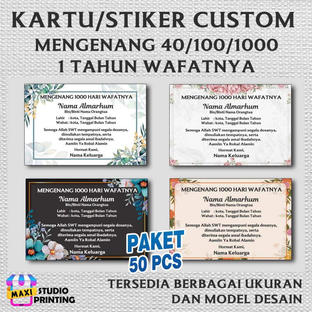 Cetak Kartu/Stiker Mengenang 40/100/1000 Hari Wafatnya, Stiker Tahlil | Isi 50 Pcs