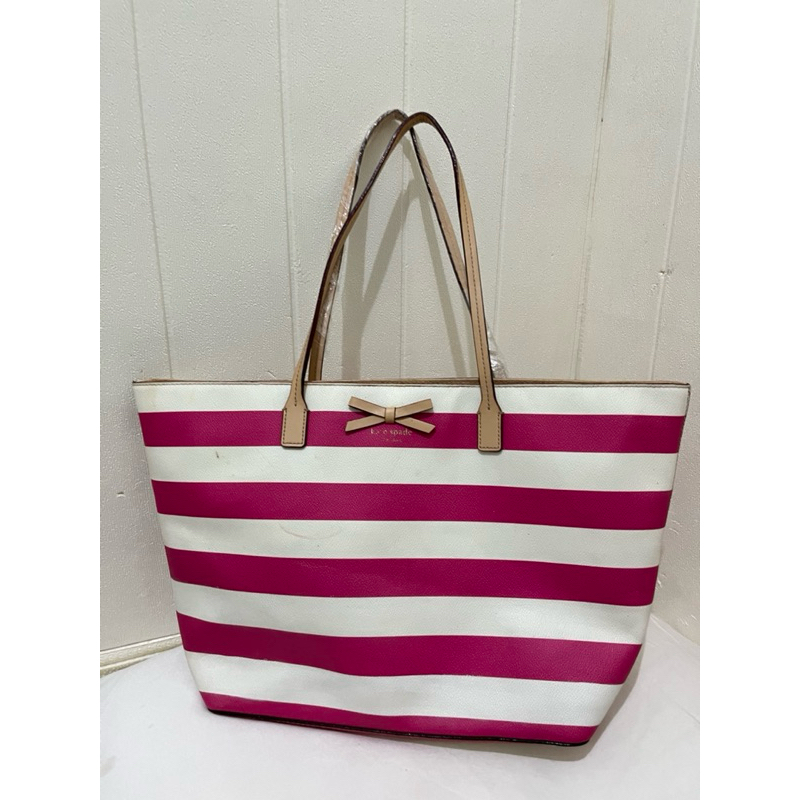 Preloved ‼️ Kate Spade KS Barbie Eden Street Pink Fuschia Striped White Tas Tote Bag Branded Origina