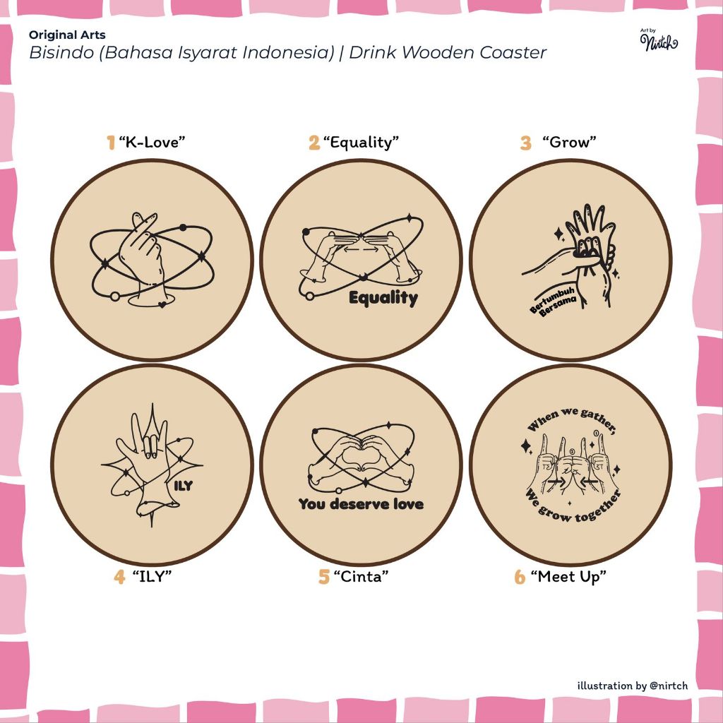 Bisindo (Bahasa Isyarat Indonesia)/ Indonesia Sign Language Coaster | Tatakan Gelas Kayu Minuman