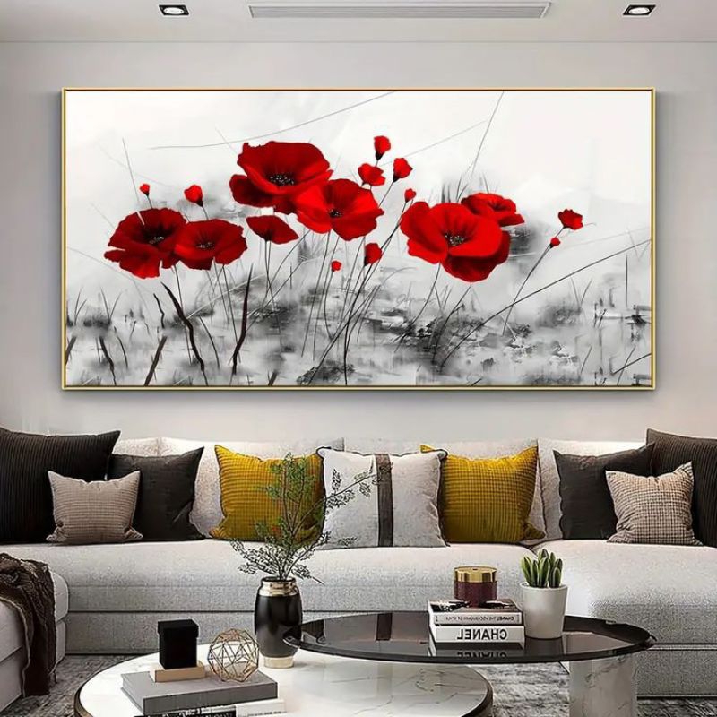 Lukisan abstrak bunga mawar merah aesthetic dinding ruangan