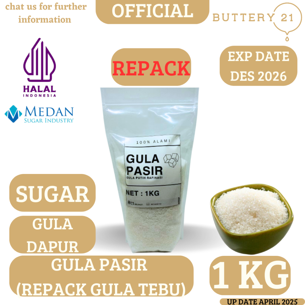 

GULA PASIR 1 KG/GULA PUTIH/GULA DAPUR/SUGAR/GULA TEBU PUTIH/REPACK 1 KG