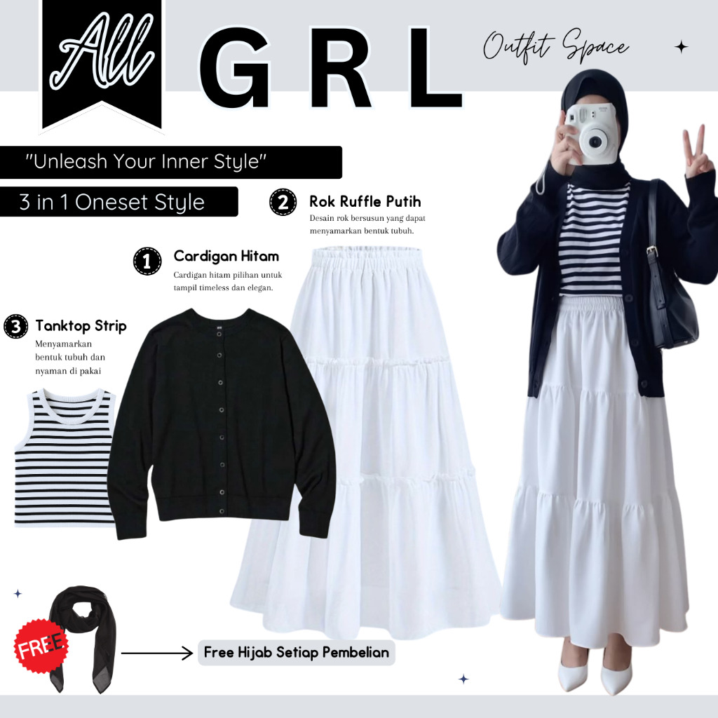 Setelan Rok Wanita Hijab - Hijab Bella Square Hitam, Tanktop Strip, Cardigan Rajut Hitam, Rok Ruffle