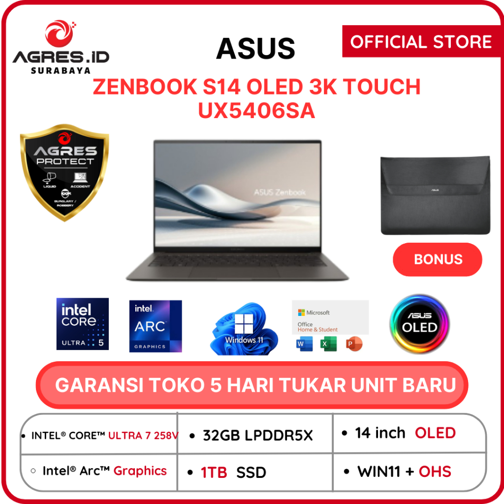 ASUS ZENBOOK S14 OLED 3K TOUCH UX5406SA ULTRA 7 258V 32GB 1TB Windows11+OHS+O365 14.0 3K-OLEDS7312TM