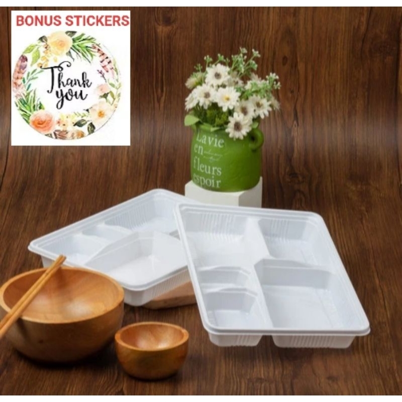 Ay00 Mika tray nampan alas bento sekat 5 isi 25pcs per pack putih white plastik wadah tempat