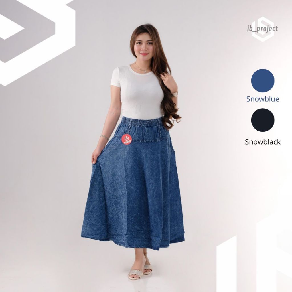Rok Jeans Payung Jumbo Wanita Panjang Maxi Skirt Pinggang Karet Hitam Snowblue Snowblack