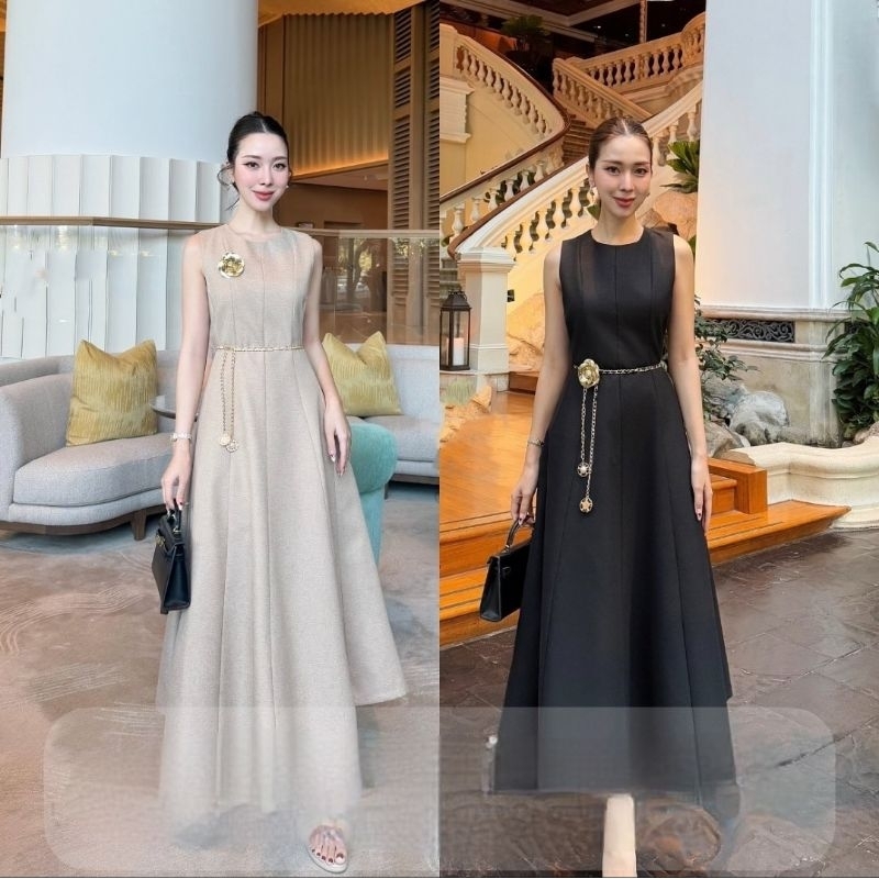 Sleeveless dress midi flare simple chain sister photoshoot europe paris gaun pesta wedding party out