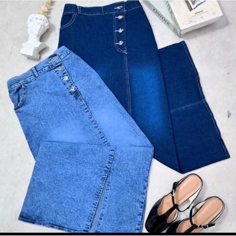 Rok Rebecca rok jeans belah samping -Rebecca Highwaist Rok Jeans kancing samping
