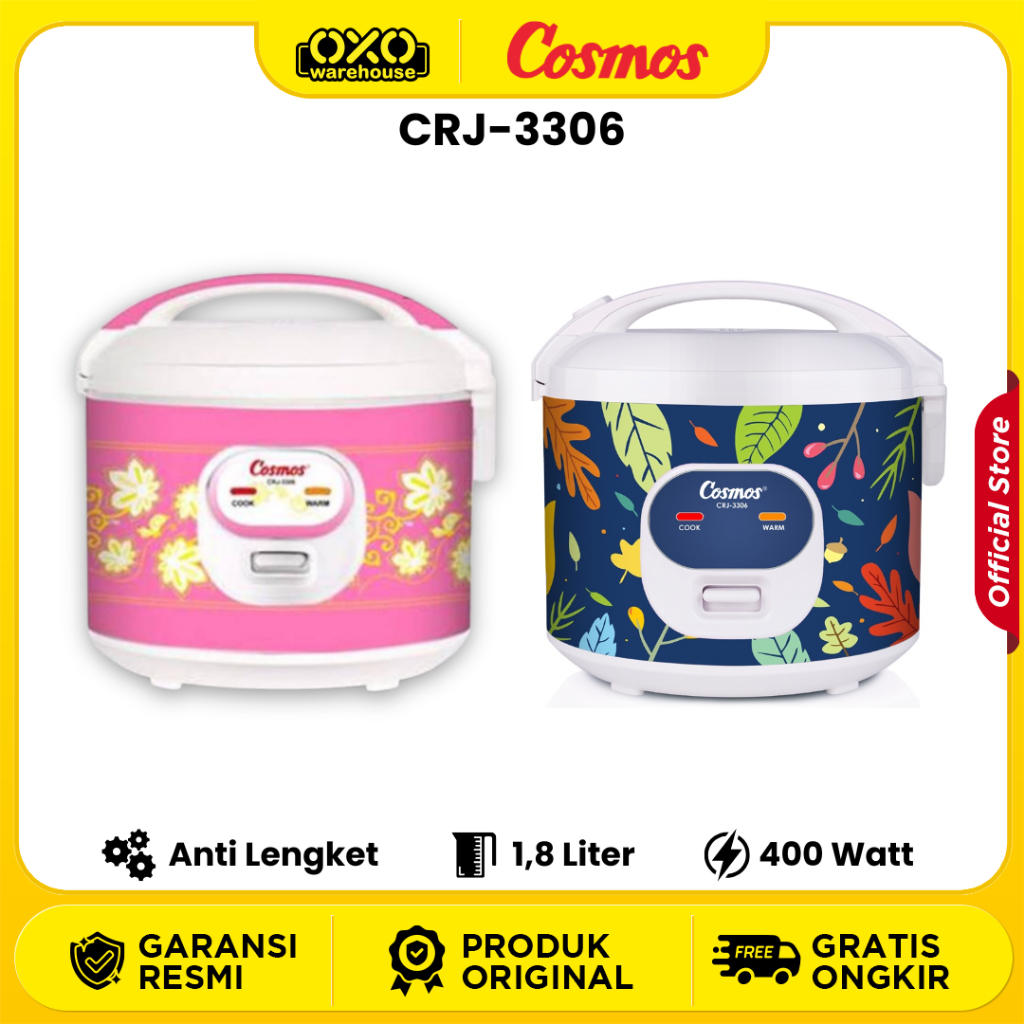COSMOS Rice Cooker CRJ-3306 Mejikom 1,8 Liter Non-Stick Anti Lengket Low Watt Garansi Resmi