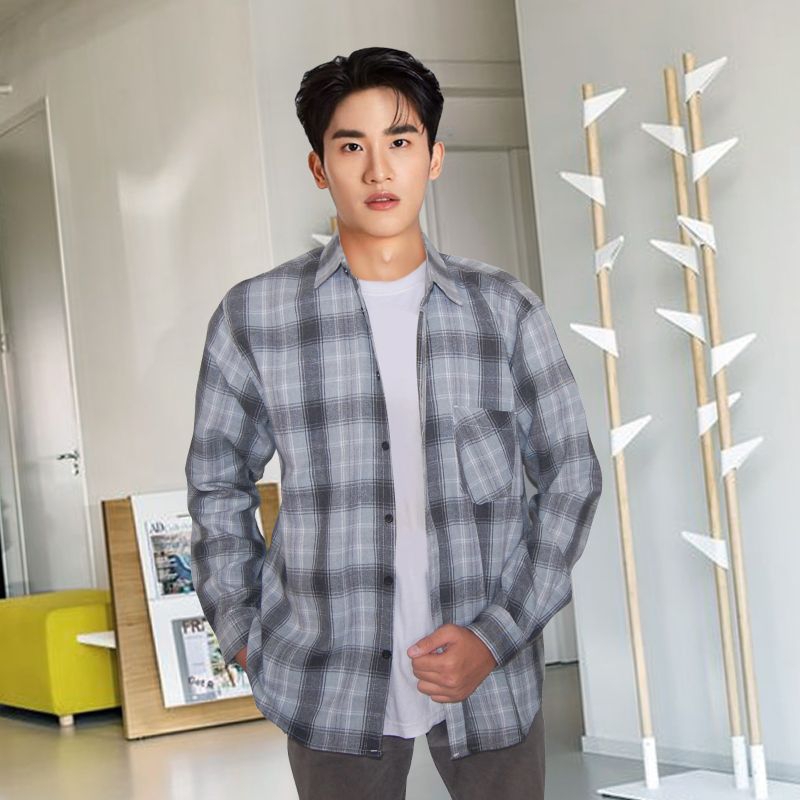 Kemeja Flanel Abu-abu Lengan Panjang Pria Wanita