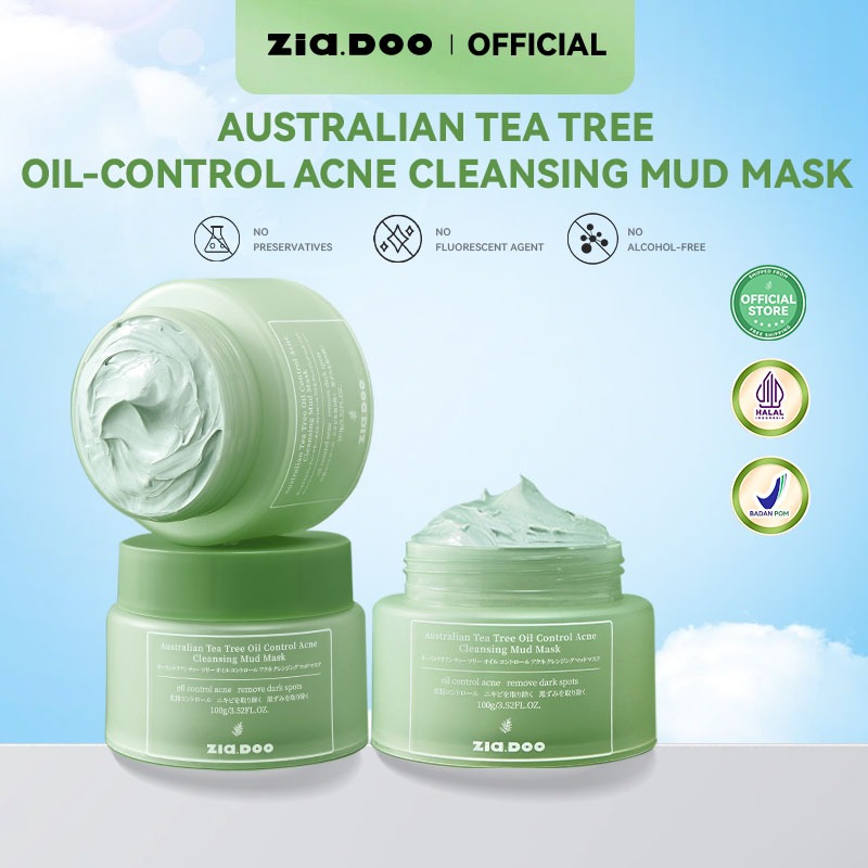 ZIA.DOO Australian Tea Tree Oil Clay Mask 100g (3pcs) – Deep Cleansing, Kontrol Minyak, Jerawat, Bin