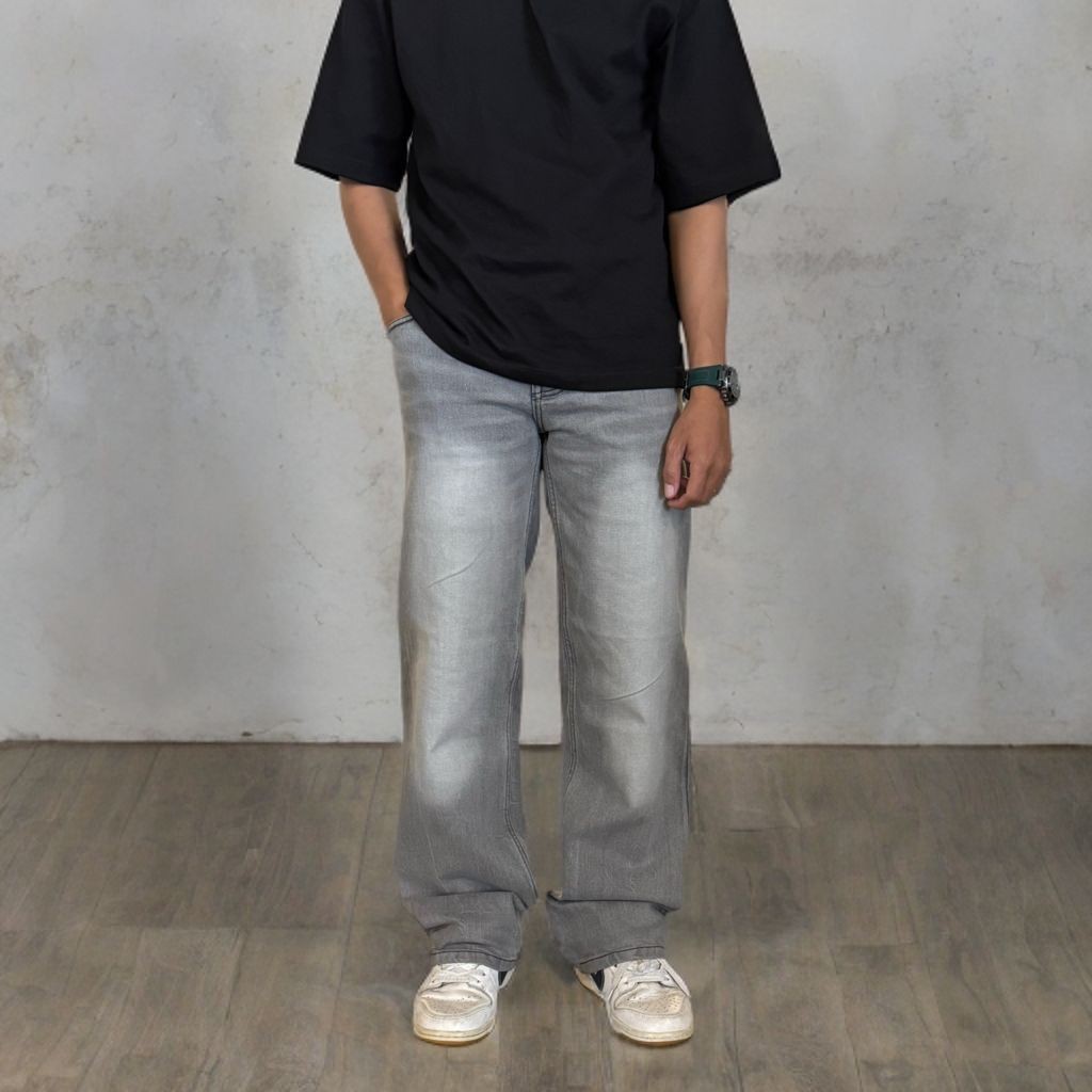 Celana jeans panjang pria Celana jeans oversize pria Jeans pinggang karet Loose pants boyfriend