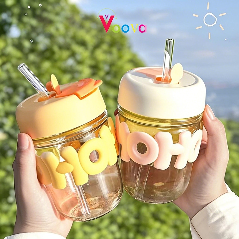 VOOVA Cangkir Gelas Ganda Sedotan Bermotif Cute Paragraph 350ml Gelas Lucu Cangkir Mug Gelas