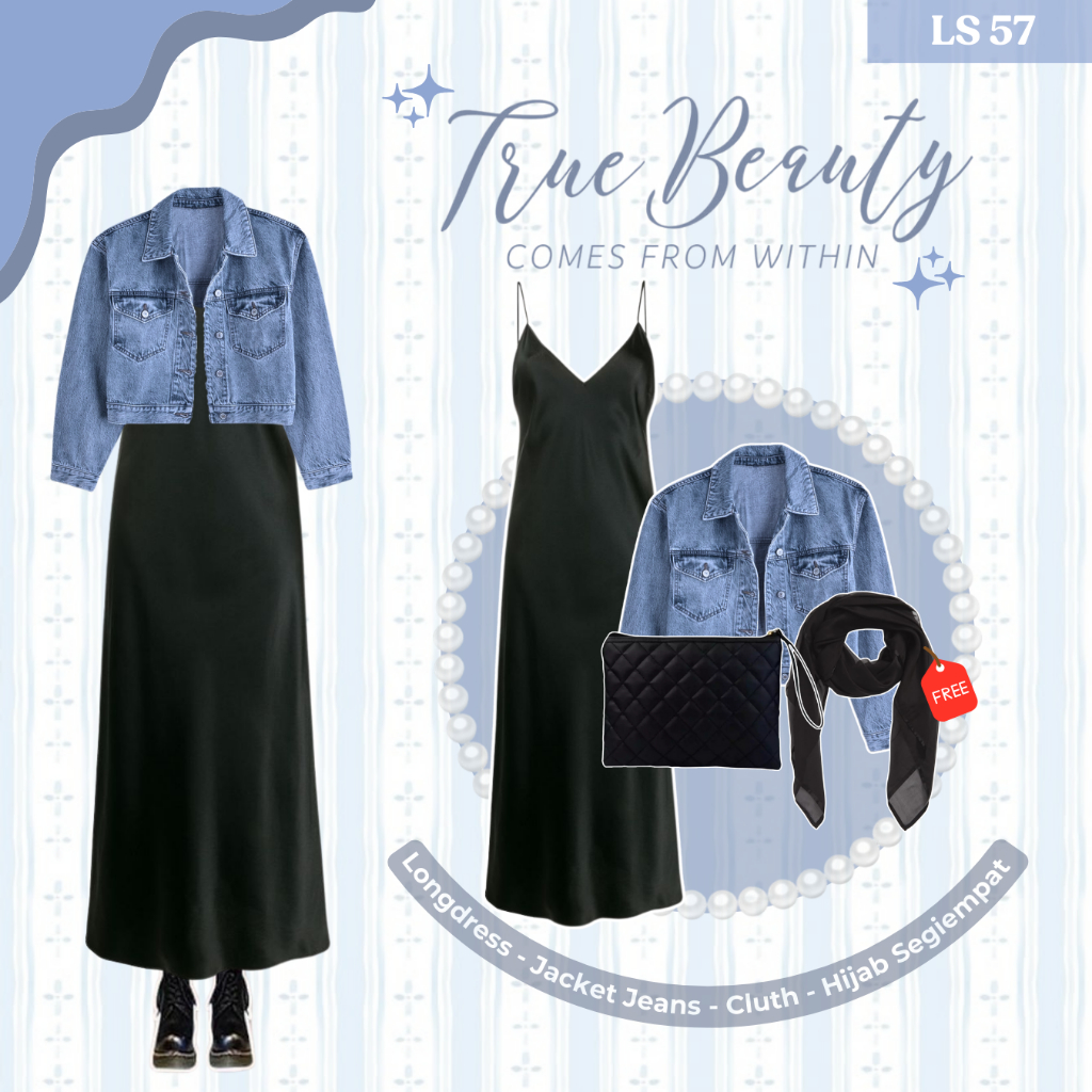 OUTFIT CANTIK - One Set Jeans Wanita Kekinian (Jacket Jeans Denim, Longdress Satin Hitam, Hijab Segi