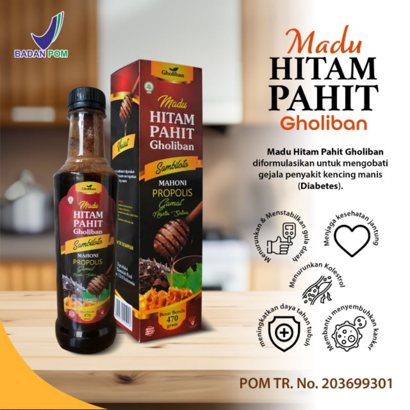 

Madu Hitam Pahit GHOLIBAN Plus Insuline Gamat Emas Extra Sambiloto 470g