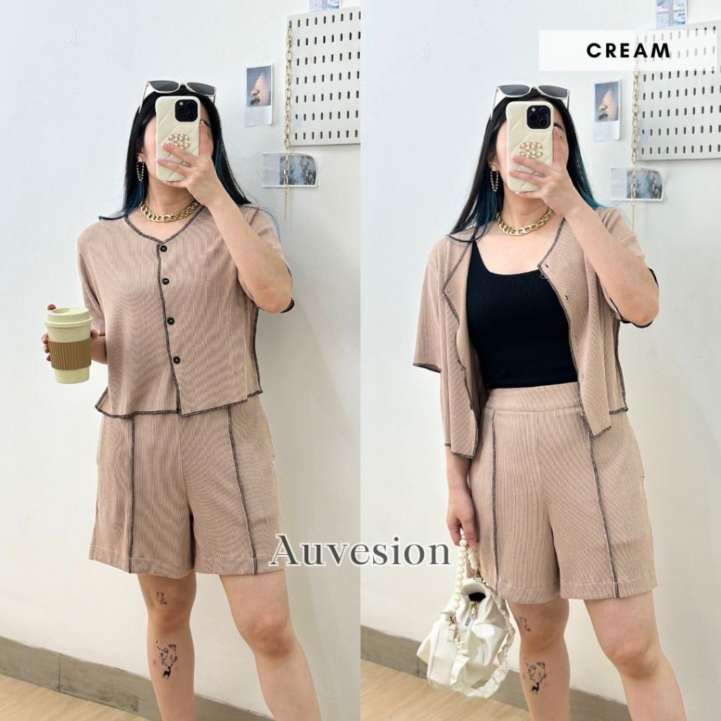 AUVESION Dara Button Corduroy Short One Set 6135 | Setelan Wanita Knit Adem Setelan Wanita Kasual