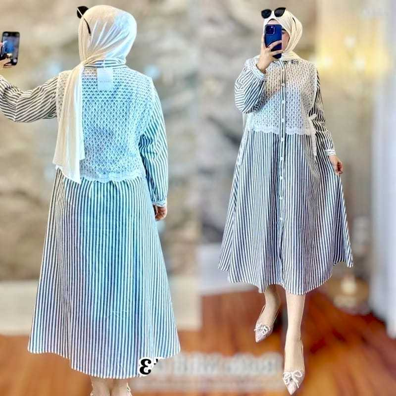 Midi Dress Baju Atasan Wanita Terbaru Muslimah Gamis Salur Burkat Terbaru Dress Rompi Burkat Katun S