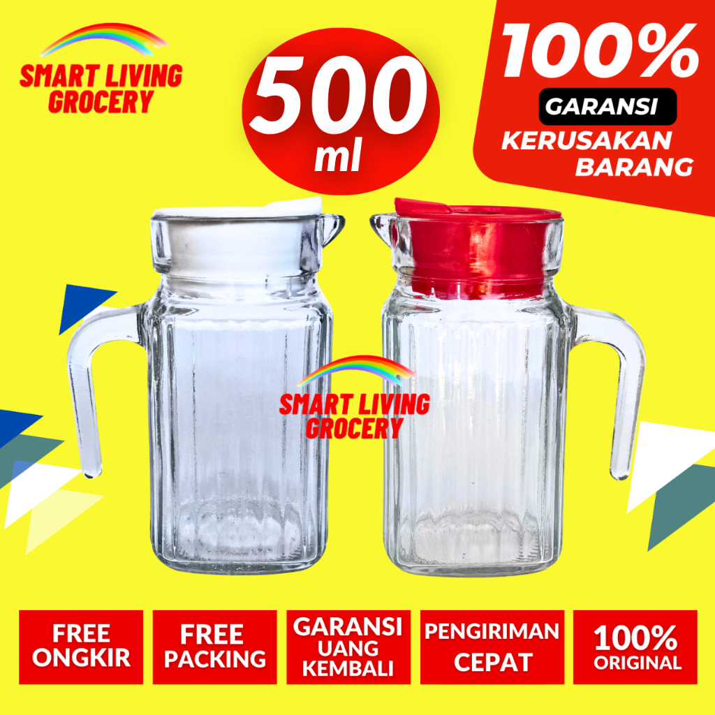 PITCHER GELAS KOTAK Teko Beling Kaca 0,5 L Penyimpanan MInuman Motif Ayam Jago Kukuruyuk 500 ml