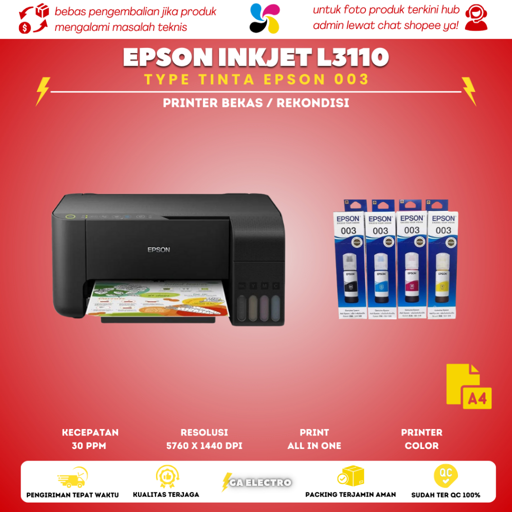 Printer Warna EPSON L3110 Print Copy Scan | Tinta Baru Nozzle Full