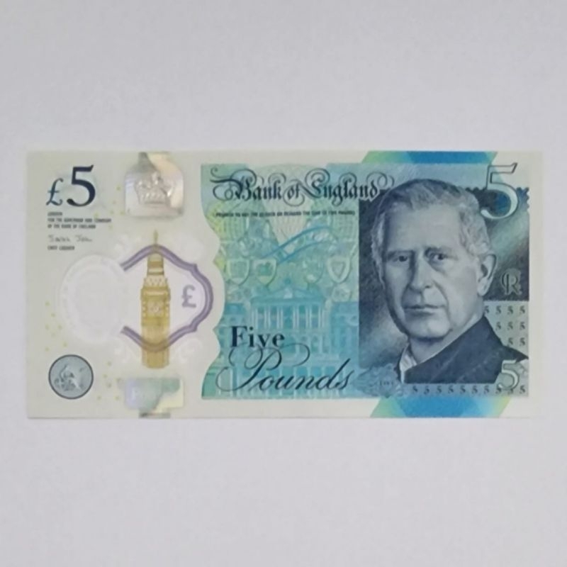 Uang Asing Inggris Poundsterling King Charles Pecahan 5 Pounds Polymer