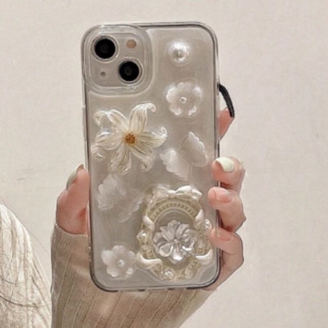 casing hape iphone bunga bali y2k putih gliter lucu cewek