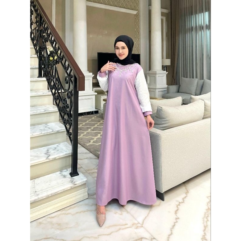 Gamis Katun Ima tuyobo mix lengan katun bordir bolong + fayet dada ori By Edness Kayla