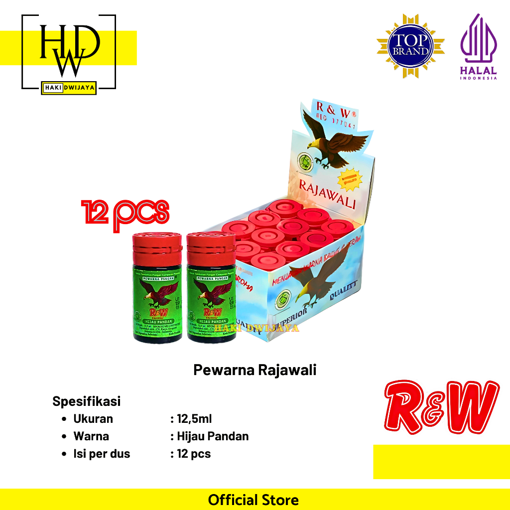 

Rajawali Pewarna Makanan Minuman Kue R&W Botol 12,5ml x 12pcs Warna Hijau Pandan