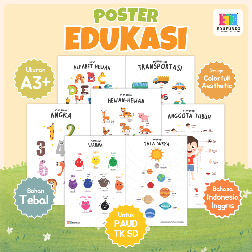 Poster Edukasi Anak Aesthetic Belajar ABC Angka Warna Hewan Untuk Balita PAUD TK SD Ukuran A3+