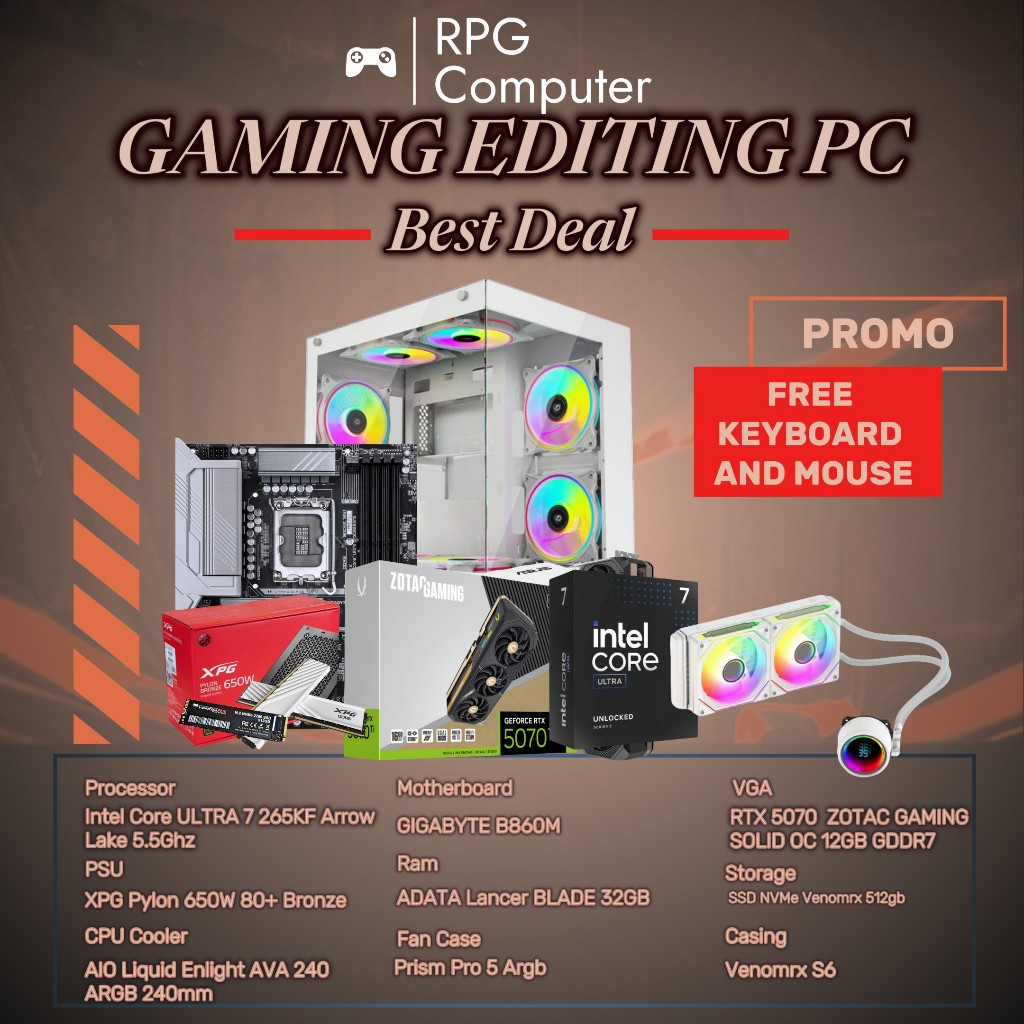 PC Editing Design & AI Processor Intel Core ULTRA 7 265KF GIGABYTE B860M RTX 5070 Ram 32GB