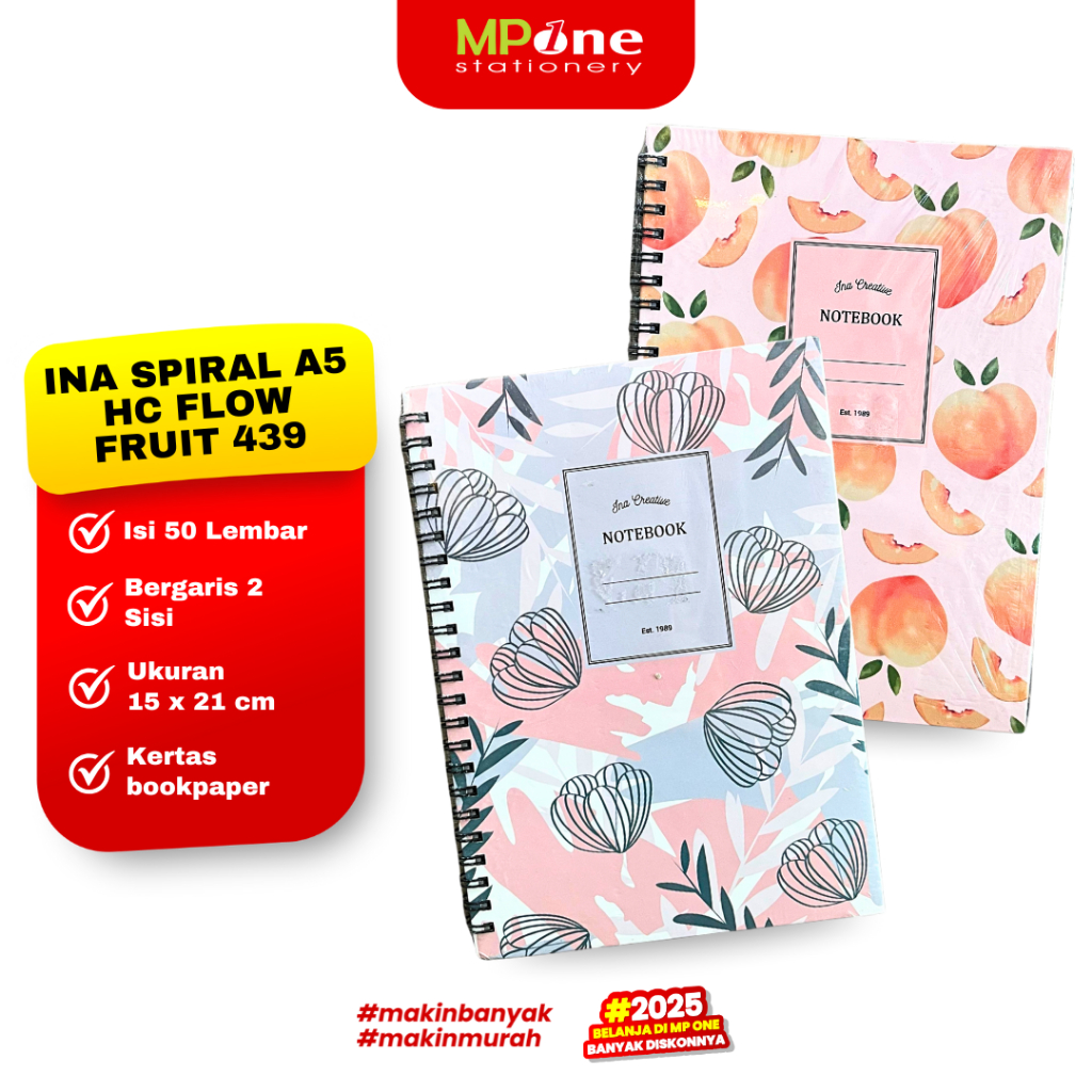 

Ina Creative Notebook Spiral A5 HC Flow Fruit 439 001/002 / Buku Notebook Ring Spiral Isi 50 Lembar INA CREATIVE