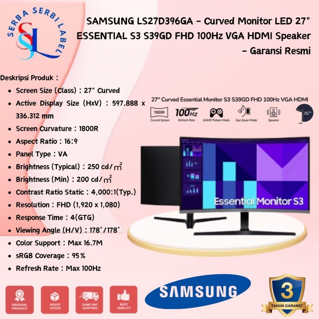 SAMSUNG S27D396 | LS27D396 | LS27D396GA - Curved Monitor LED 27" ESSENTIAL S3 S39GD - Garansi Resmi