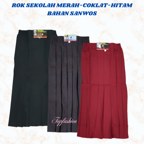 Rok Sekolah SD Warna Merah Hitam Coklat Bahan Sanwos Licin