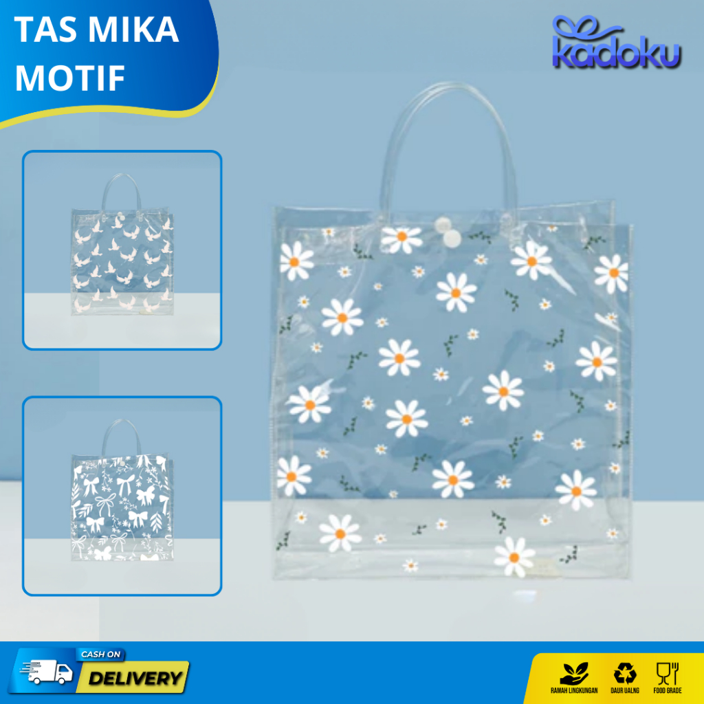 Tas Mika PVC / Tas Mika PVC Transparan / Tas Bening / Tas Transparan / Tas Hampers Motif Pita Bunga
