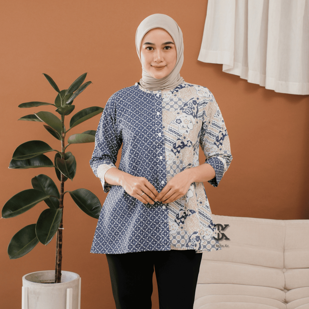 Batik Wanita Modern Lengan Panjang Kancing Depan Atasan Blouse Kerja Kantor Kekinian Terbaru 2025