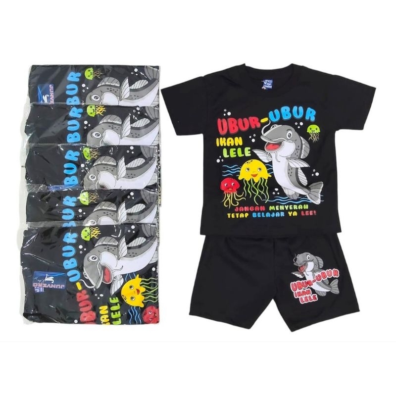 SETELAN BAJU KAOS ANAK VIRAL MOTIF UBUR UBUR IKAN LELE HITAM/KAOS UBUR UBUR IKAN LELE USIA 1-10THN