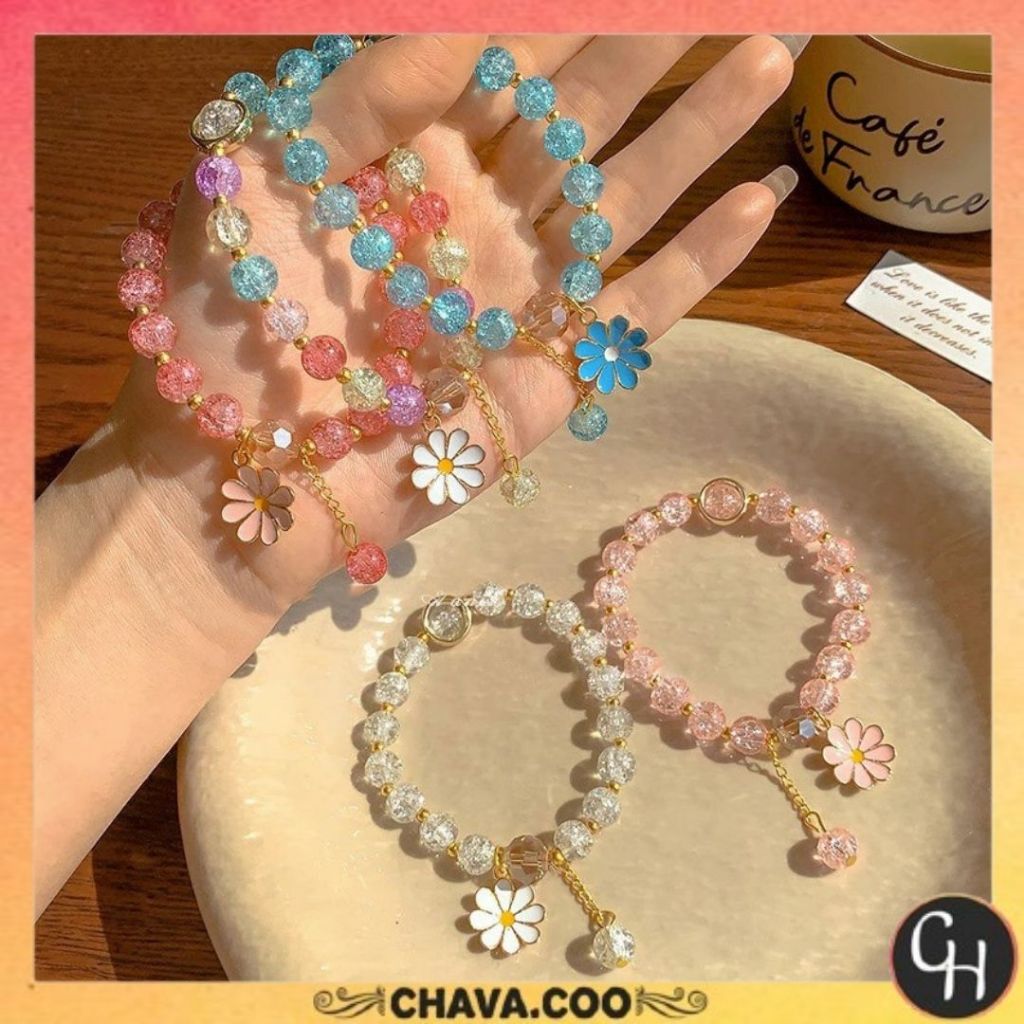 CHAVA | GL2029 Gelang Karet Aesthetic Daisy Rumbai Bunga Kristal Wanita Manik Colourfull Korea