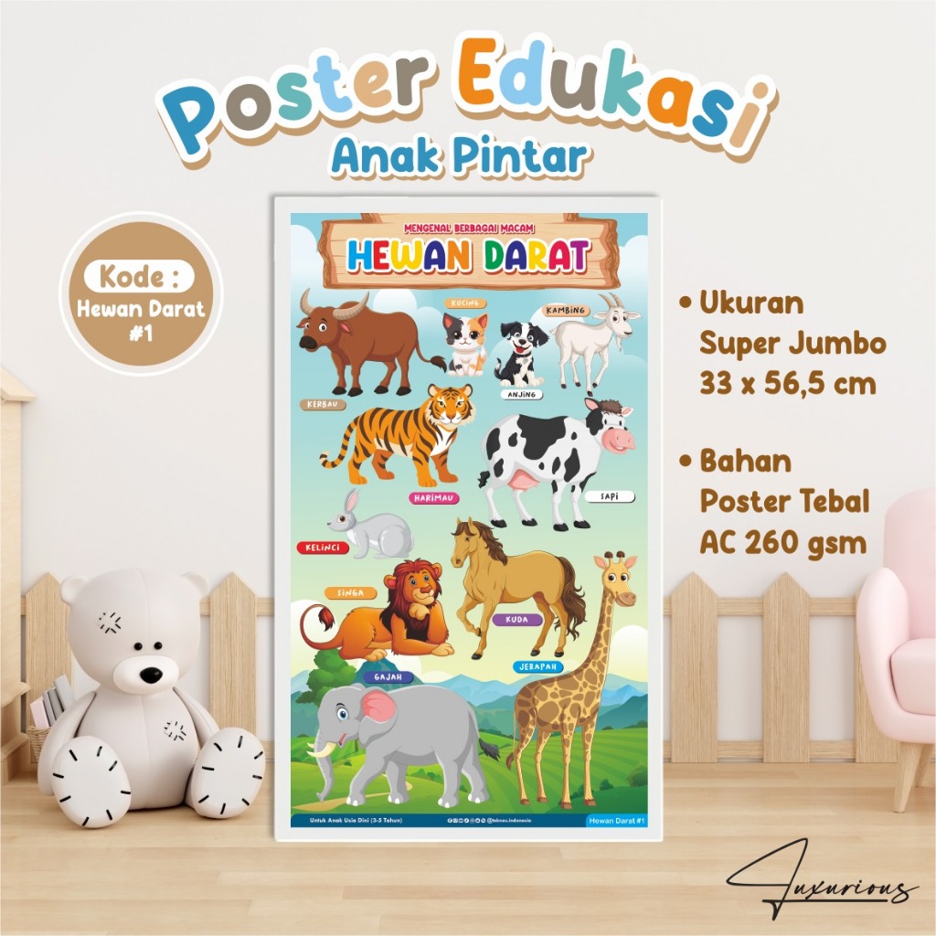 Poster Edukasi Anak Berwarna Ready [TEMA HEWAN DARAT #1] - Poster Dinding Belajar Anak Pintar