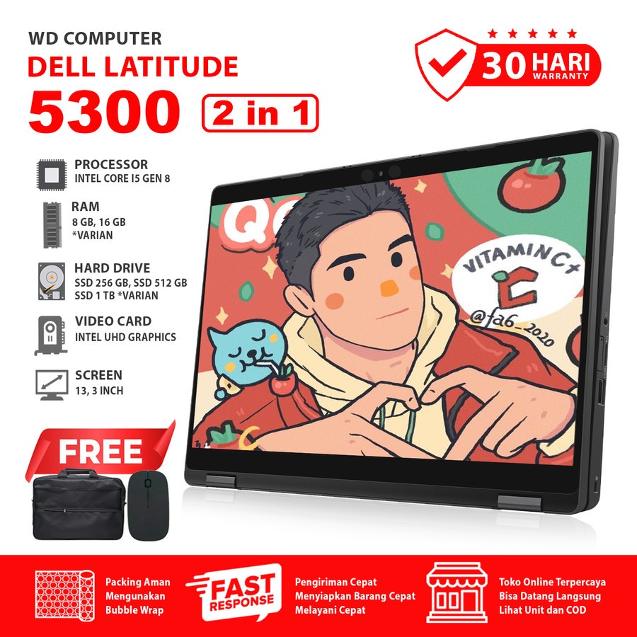 Dell Tablet 5300 2 In 1 I Core I5 Gen 8 I Ram 16 Gb Ssd NVME 1 TB I Windows 10 I Mouse Dan Tas
