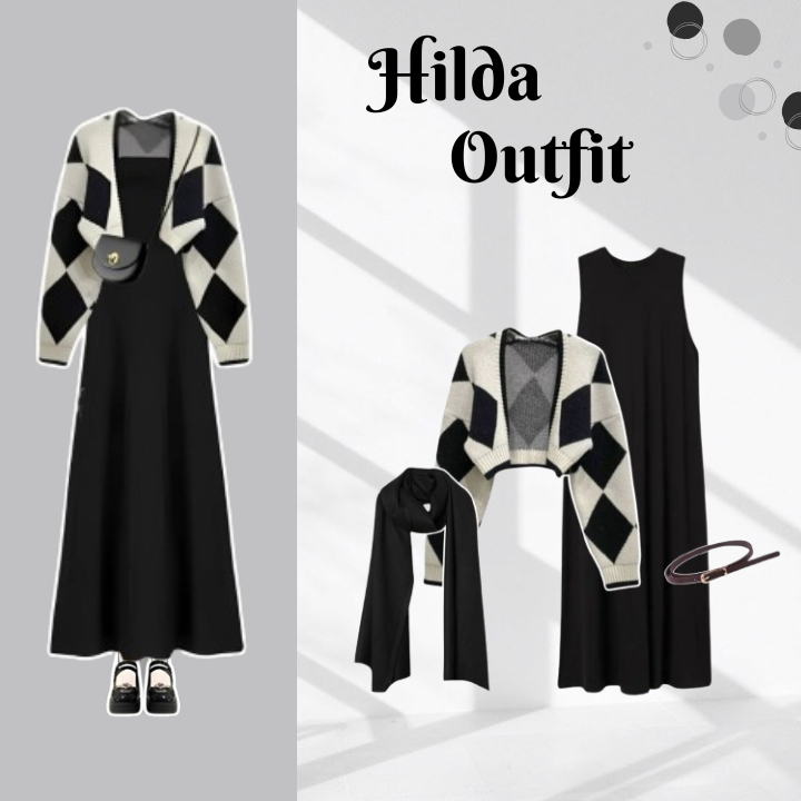 Hilda Outfit OOTD Hijab Dress Hitam ( Inner dress + Cardigan + Hijab ) One Set Hijab Korean Style - 