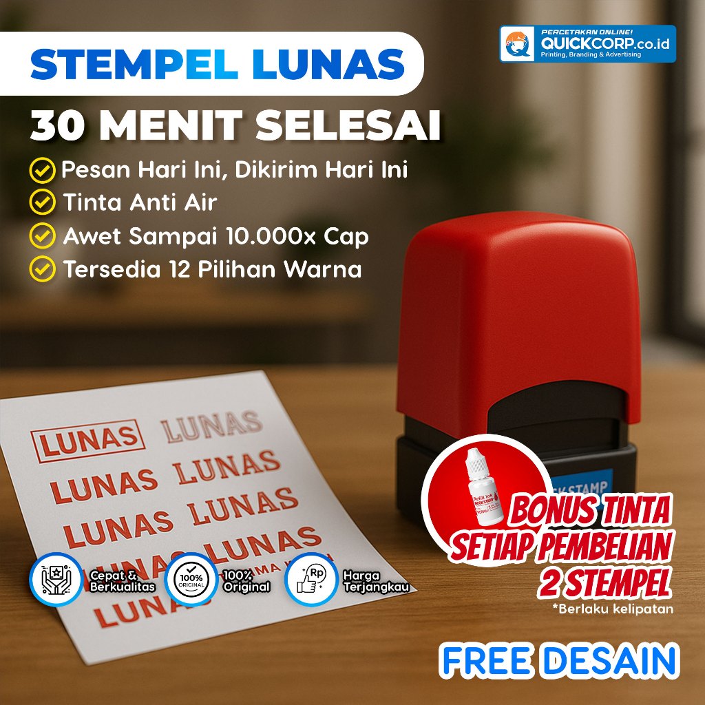 

Stempel Lunas Otomatis - Tinta Merah Custom Ukuran Praktis Awet dan Tahan Lama