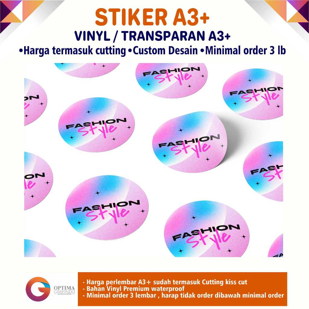 

Cetak Stiker A3+ Print plus Cutting Stiker Vynil / Transparan Model Bebas. Stiker Produk Label Makanan Minuman Hampers
